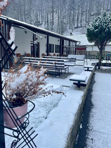 a group of benches in the snow in front of a building at La Turcu in Văliug