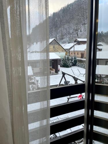 a window with a view of a snow covered mountain at La Turcu in Văliug