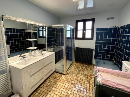 a bathroom with a sink and a shower and a tub at Gîte du canal rue de la Tuilerie in Amilly