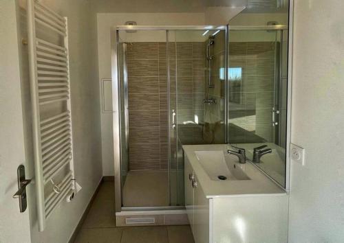 La salle de bains est pourvue d'un lavabo et d'une douche en verre. dans l'établissement Appartement duplex dernier étage - vue panoramique, à Bagneux