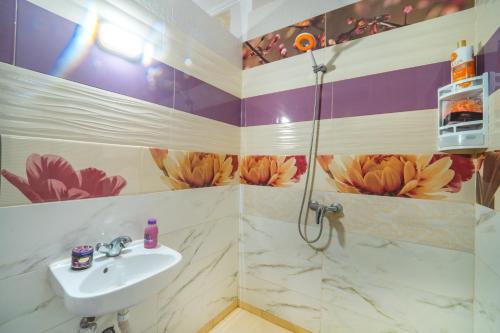 La salle de bains est pourvue d'un lavabo et d'une douche. dans l'établissement Appartements partagé à 10 min devil's rock surf spot, à Aourir