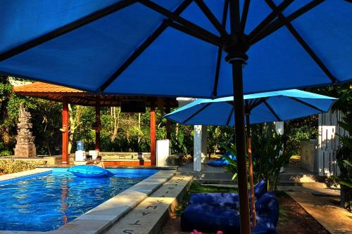 a swimming pool with blue umbrellas next to a pool at Castaway Island Hostel in Nusa Lembongan