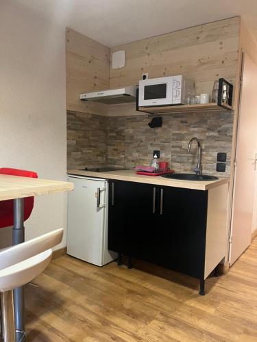 een kleine keuken met een wastafel en een magnetron bij Appartement Tout Confort in Morillon