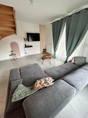 a living room with a gray couch with a pillow at Disneyland Paris Familly Appart - 7 minutes Disney - Parking - Netflix - Wifi - BILLET DISNEY 80 euros in Chessy