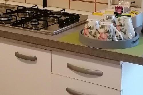 a kitchen counter with a stove and some cups at alloggio "La Torretta" di Silvana e Valter in Seriate