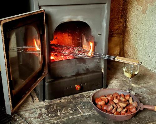 een oven met een kom aardappelen en een glas wijn bij La Baronessa Country House in Montefiascone