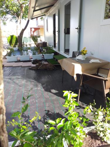 a patio with a table and some plants at Camping las Catalinas in Ríolobos