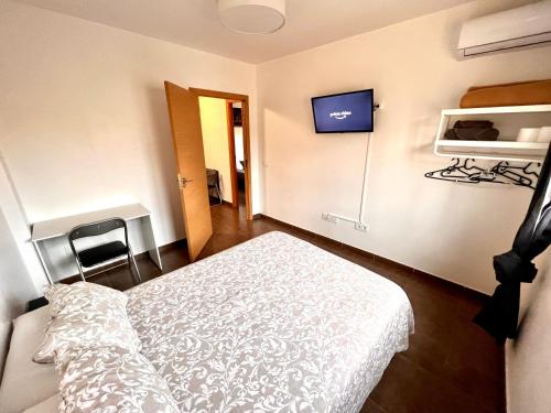1 dormitorio con 1 cama y TV en la pared en MT Nuevos Apartamentos y Suites con baño privado, en Mataró