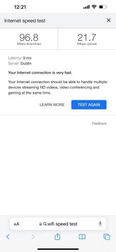 a screenshot of the internet speed test webpage at Upstairs Studio - Private kitchenette and Small en-suite in Dublin
