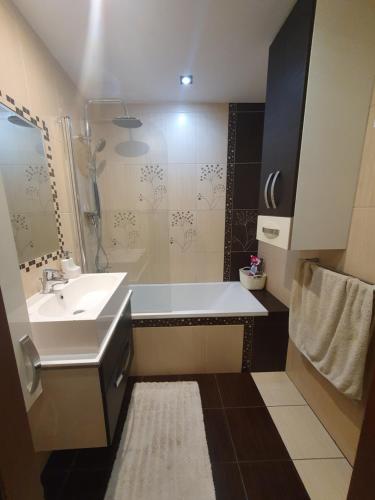 a bathroom with a tub and a sink and a shower at Apartament Daria in Jaworzno
