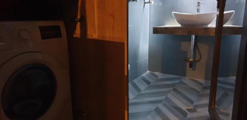 a bathroom with a sink and a washing machine at Love Journey Tbilisi in Tbilisi City
