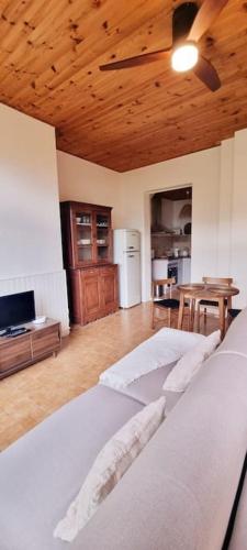 - un salon avec un lit et un plafond en bois dans l'établissement Vue époustouflante & Jardin à Saint-Martin-Vésubie, à Saint-Martin-Vésubie