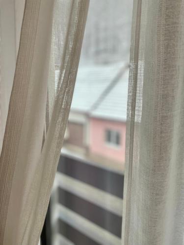 a close up of a window with a curtain at La Turcu in Văliug