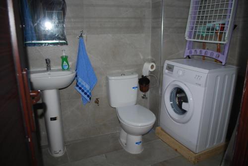 a bathroom with a toilet and a washing machine at Apartamentos Bchraya in Laayoune