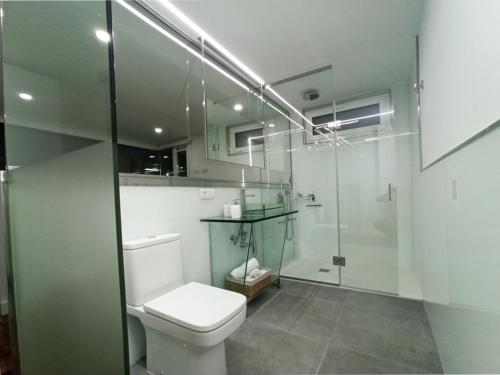a bathroom with a toilet and a glass shower at Vistas Del Valle; piscina, wifi bbq... in Santa Cruz de Tenerife