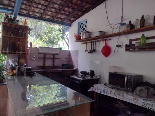 a kitchen with a counter and a sink and a microwave at hostel kay pacha in Maceió