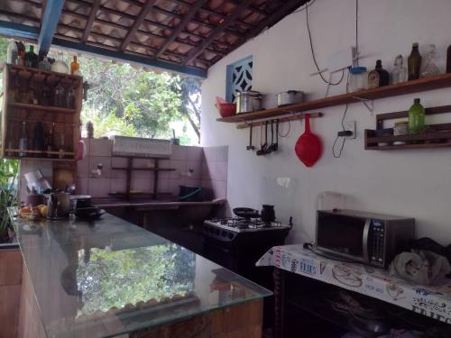 a kitchen with a counter and a sink and a microwave at Hostel Kay Pacha e Camping in Maceió