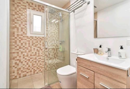 a bathroom with a shower and a toilet and a sink at La casita de Sergio in Frigiliana