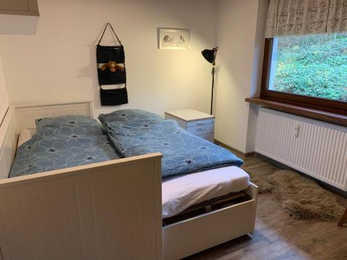 1 dormitorio con cama y ventana grande en Wohnen im Herrenwäldchen en Brombachtal