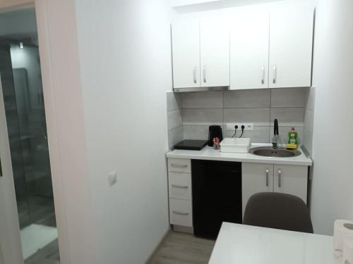 a small kitchen with white cabinets and a sink at Old Town Studio 2 Apartment nr 4 in Baia Mare