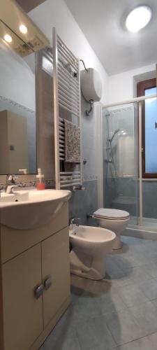 y baño con aseo, lavabo y ducha. en JanaHome - Affitti Brevi Pisa, en Pisa