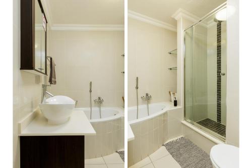 two pictures of a bathroom with a sink and a shower at Laguna La Crete 34 in Uvongo Beach