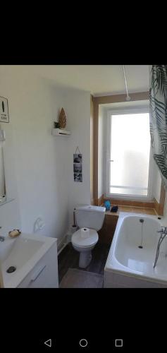 une salle de bain avec toilettes, lavabo et baignoire dans l'établissement Petit appartement proche de la gare, à Brest