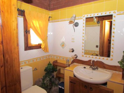 y baño con lavabo, aseo y espejo. en Casa Rural Fontamil, en Gistaín