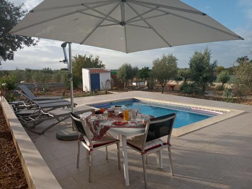 a table and chairs under an umbrella next to a pool at vivenda descollaz in Falcoeiras