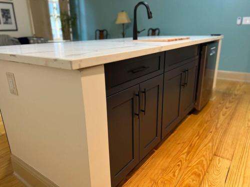 a kitchen island with a sink and a counter at Chic Two-Bedroom Apartment on Camp St, New Orleans in New Orleans