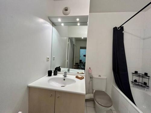 Ideal family flat in st-ouen في سانت وان: حمام مع حوض ومرحاض ومرآة