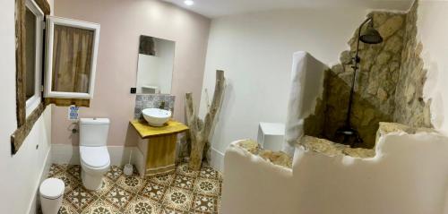 baño con aseo y pared de piedra en Hotelmirador las grullas, en Montmesa