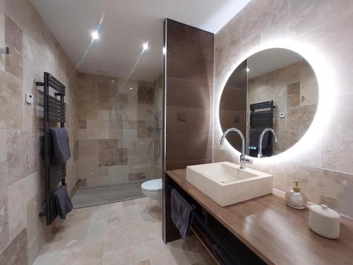 uma casa de banho com um lavatório, um WC e um espelho. em Urbs Amiens Sud em Amiens