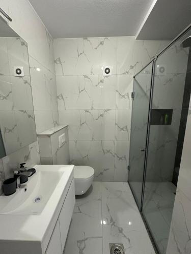 佩奇的住宿－Skyline Apartment 1，浴室配有卫生间、盥洗盆和淋浴。