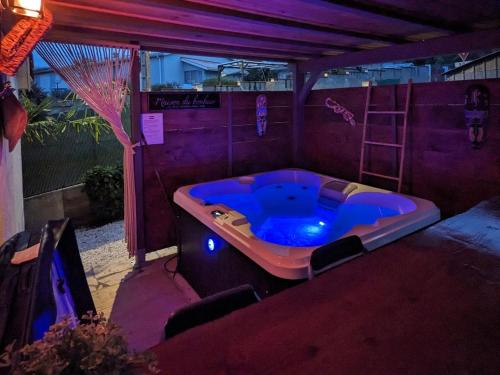 a jacuzzi tub in a purple room with a ladder at Love Room avec spa in Nérac
