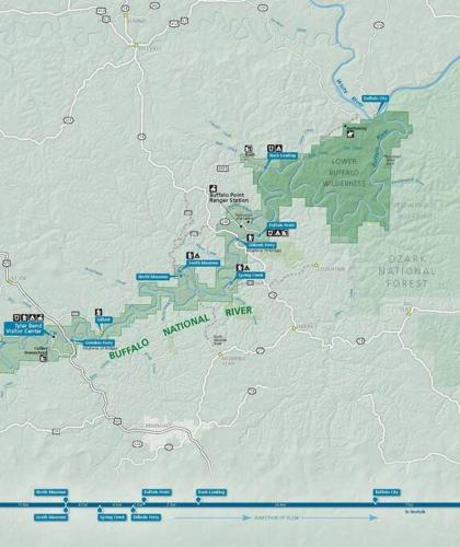 a detailed map of a river with cities at Buffalo River Lodge (Yellville)- Lower Level in Saint Joe