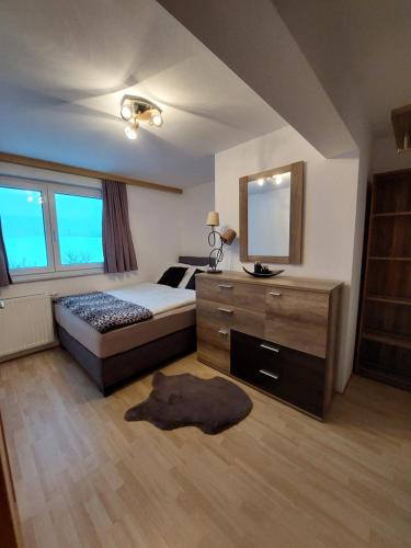 Schlafzimmer mit einem Bett, einer Kommode und einem Spiegel in der Unterkunft Apartment Ledermoos in Mauterndorf