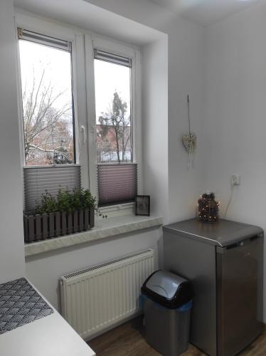 a bedroom with two windows and a trash can at Apartament Piłsudskiego in Szczytno