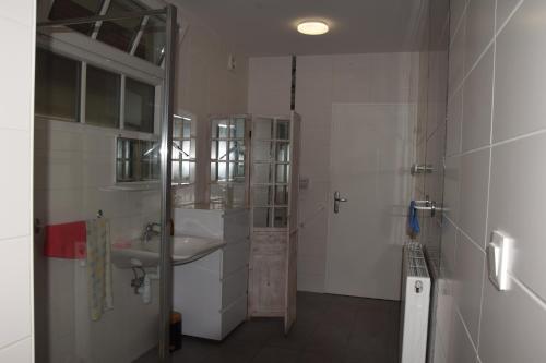 uma pequena casa de banho com um lavatório e um chuveiro em Le Gîte des Petits Cailloux 