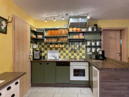 ヴェステンドルフにあるAppartment Martinのキッチン(緑のキャビネット、カウンタートップ付)