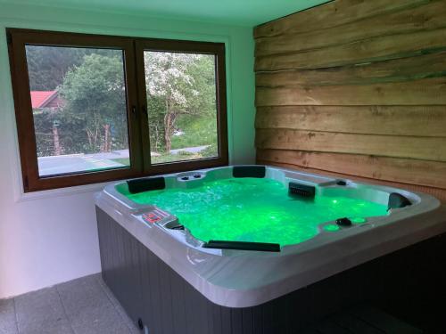 a hot tub in a room with a window at Villa Pribila in Jasenak
