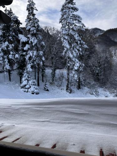 a view of a snow covered road with trees at Вила Ренесанс Костенец in Kostenets