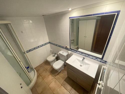 uma casa de banho com um WC, um lavatório e um espelho. em Apartamento Edificio Rey I em Valência
