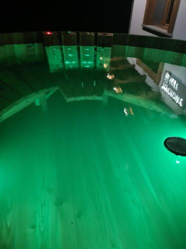 a glass table with green illumination in a room at Toporowe Izby in Groń