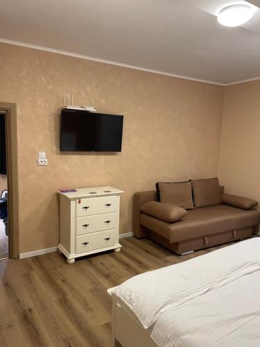Una sala de estar con un sofá y un televisor en la pared. en Studio Sunrise, en Sinaia