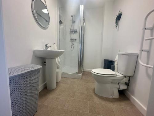 a bathroom with a toilet and a sink and a shower at Chamber Apart City Centre BD1 in Bradford