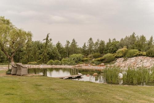 a pond in a park with a wooden dock at Siedlisko Nad Miedwiem in Stargard