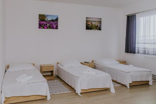 a room with three beds and a window at Apartamenty Południowa in Szczecin