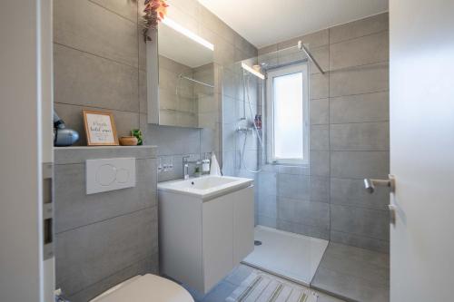 W łazience znajduje się toaleta, umywalka i prysznic. w obiekcie Moderne Wohnung mit Parkplatz w mieście Ostermundigen