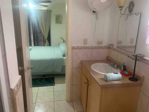 uma casa de banho com um lavatório, um espelho e uma cama em Villa de Ali in Palma real em La Ceiba